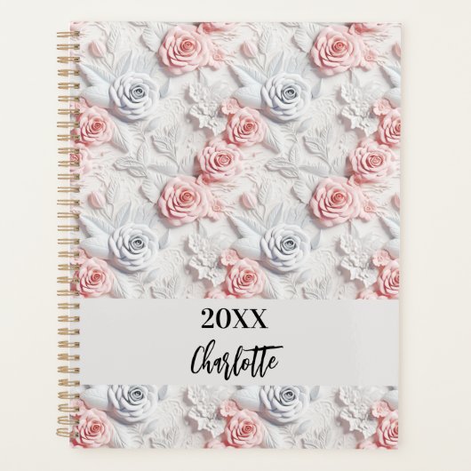 Bloemen roze wit patroon naam script 2026 planner (Voorkant)