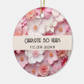 Bloemen roze wit verjaardagsnaam keramisch ornament (Links)