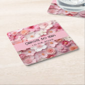 Bloemen roze witte naam verjaardagsfeestje kartonnen onderzetters (Schuin)
