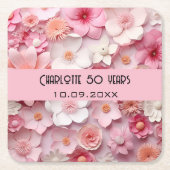 Bloemen roze witte naam verjaardagsfeestje kartonnen onderzetters (Voorkant)