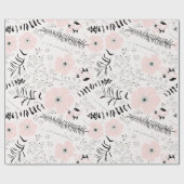 Bloemen roze zwart botanisch patroon cadeaupapier (Vlak)