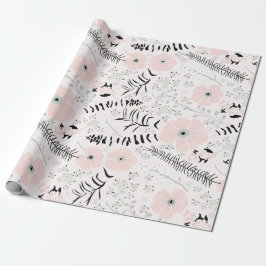 Bloemen roze zwart botanisch patroon cadeaupapier