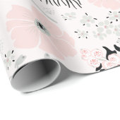 Bloemen roze zwart botanisch patroon cadeaupapier (Rol Hoek)