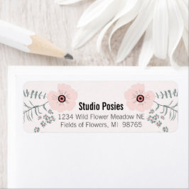 Bloemen roze zwart botanisch patroon etiket