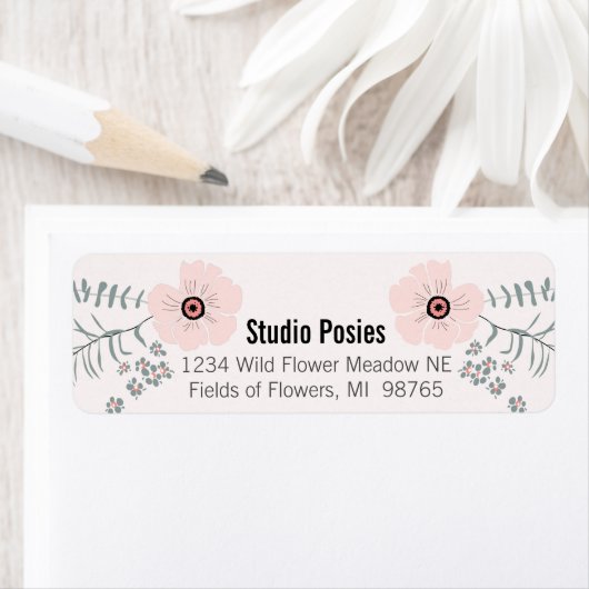 Bloemen roze zwart botanisch patroon etiket (Insitu)