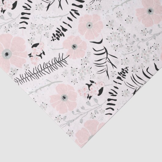 Bloemen roze zwart botanisch patroon tissuepapier (Detail)