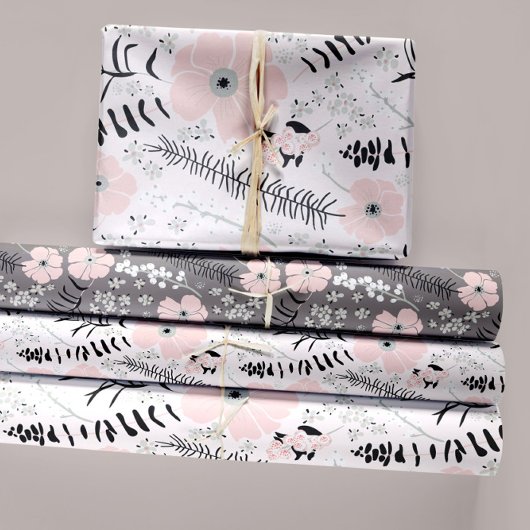 Bloemen Roze Zwart Botanische Decoupage Gift Inpakpapier Vel