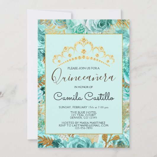 Bloemen Rozen Blauwgroen Bloemen Patroon Quinceane Kaart (Voorkant)