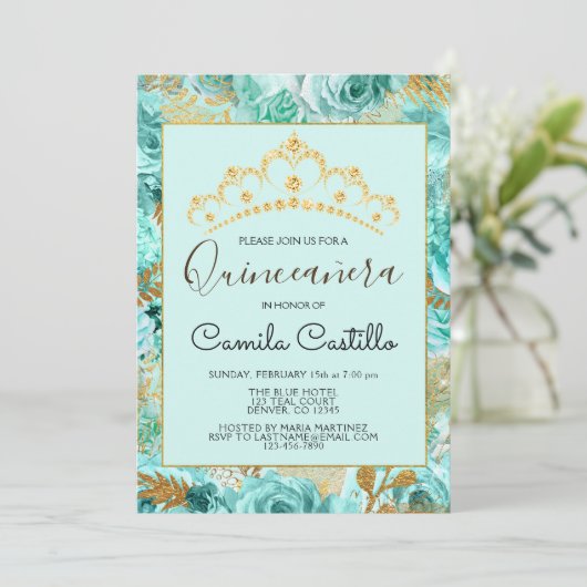 Bloemen Rozen Blauwgroen Bloemen Patroon Quinceane Kaart (Staand voorkant)