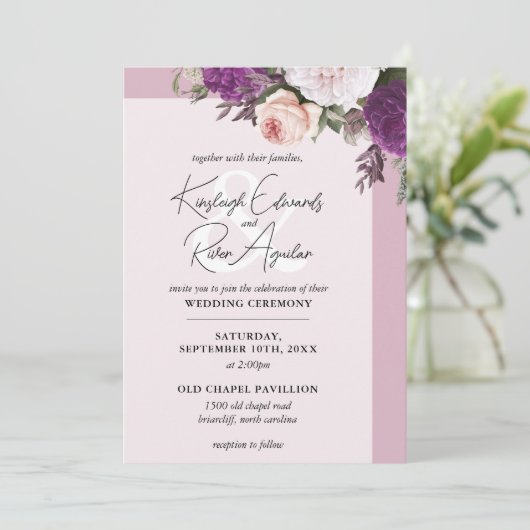  Bloemen Rozen & Dusty Mauve Foto Bruiloft Kaart (Staand voorkant)