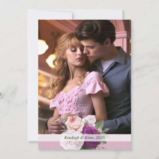 Bloemen Rozen & Dusty Mauve Foto Bruiloft Kaart (Achterkant)