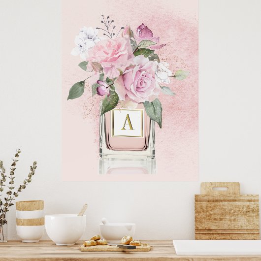 Bloemen Rozen Elegant parfume Flesmonogram Poster (Keuken)