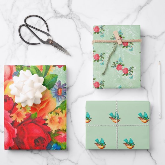 Bloemen, Rozen en blauwvogels Inpakpapier Vel (Voorkant)