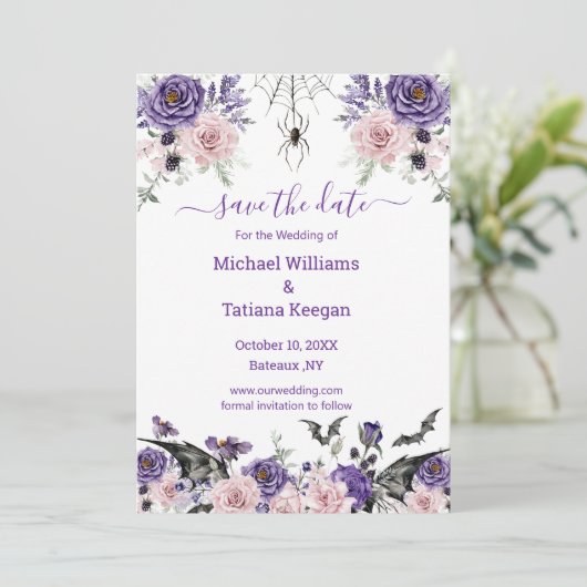 Bloemen rozen Gothic Romantische Halloween bruilof Save The Date (Staand voorkant)