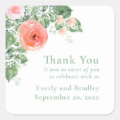 Bloemen Rozen Monogram Groen Koraal Roze Bruiloft Vierkante Sticker (Voorkant)