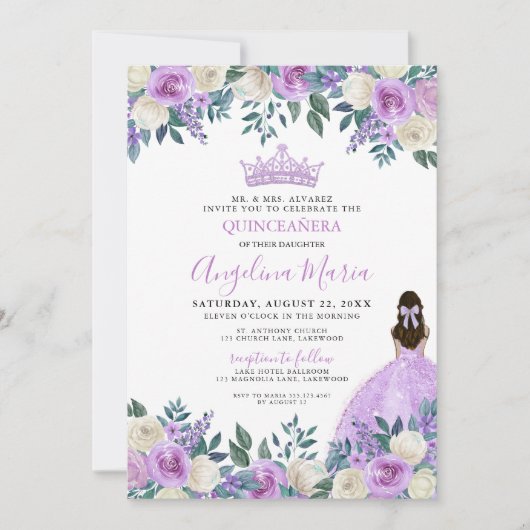 Bloemen Rozen Paarse Quinceanera uitnodiging (Voorkant)