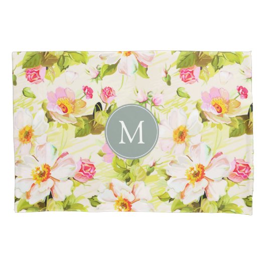 Bloemen Rozen Pioenen Monogram Kussen Hoesje Kussensloop (Voorkant)