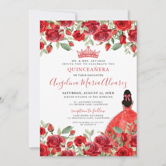 Bloemen Rozen Rode Quinceanera Uitnodiging (Voorkant)