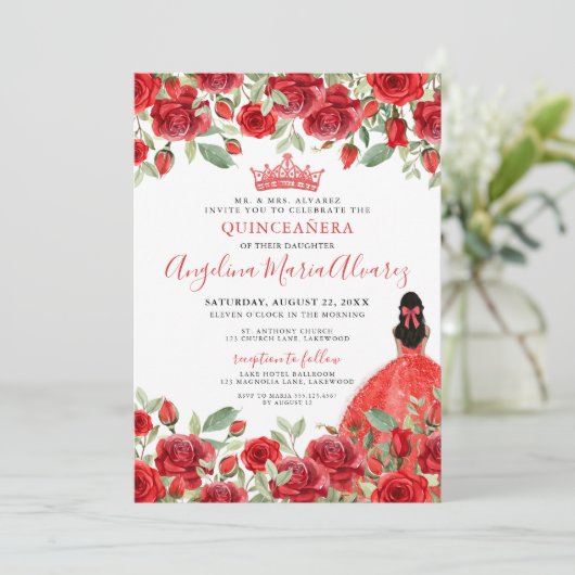 Bloemen Rozen Rode Quinceanera Uitnodiging (Staand voorkant)