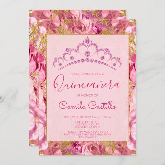 Bloemen Rozen Roze Bloemen Patroon Quinceanera Kaart (Voorkant / Achterkant)
