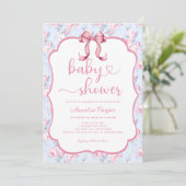 Bloemen Rozen Roze Bow Baby shower Invitation Kaart (Staand voorkant)