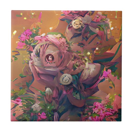 Bloemen rozen roze oranje groene digitale kunst tegeltje (Voorkant)
