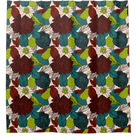 Bloemen Rozen Vloeiend groen rood Blauwgroen Douchegordijn (Voorkant)