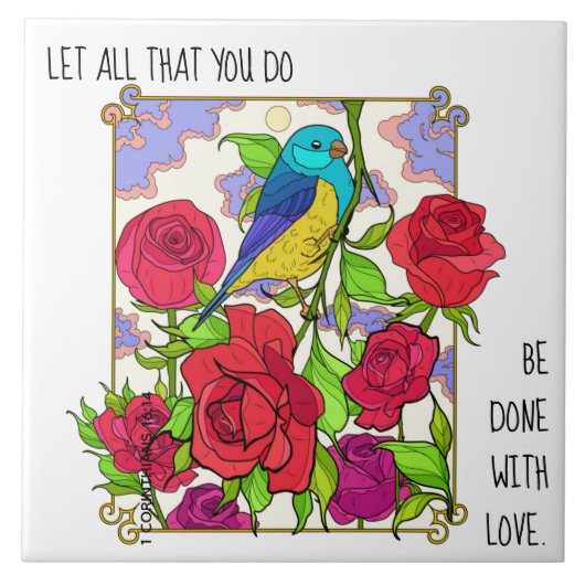 Bloemen (Rozen), w vers van 1 Korintiërs 16:14 Tegeltje (Voorkant)