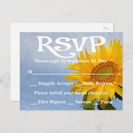 Bloemen RSVP Geel Zonnebloem & Blauw Huwelijksfees Uitnodiging Briefkaart (Voorkant / Achterkant)