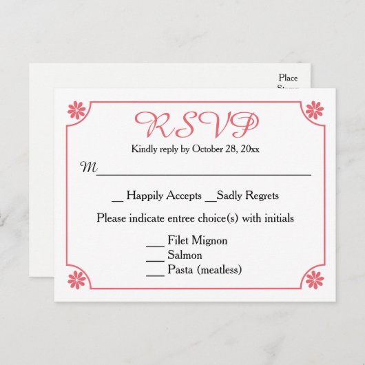 Bloemen RSVP Roze Bloem Retro Trouwfeest Uitnodiging Briefkaart (Voorkant / Achterkant)