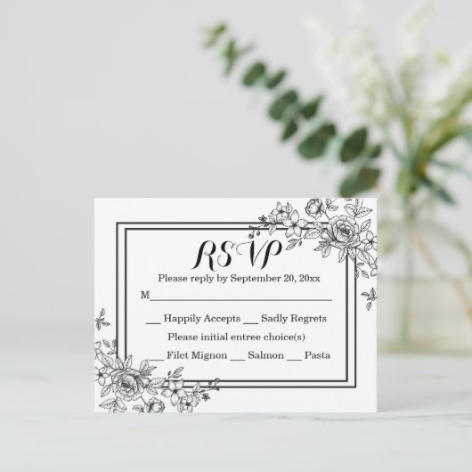 Bloemen RSVP Zwart & Wit Trouwfeest Uitnodiging Briefkaart (Staand voorkant)