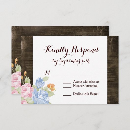  bloemen Rustic Barn Wood RSVP-kaarten RSVP Kaartje (Voorkant / Achterkant)