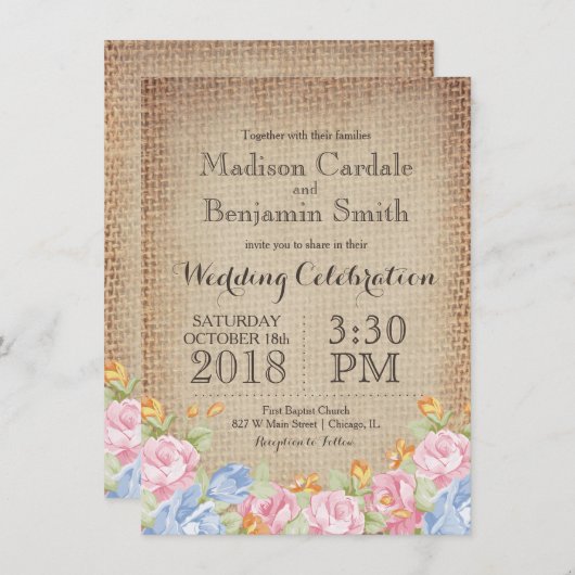 bloemen Rustic Burlap Wedding Invitations Kaart (Voorkant / Achterkant)