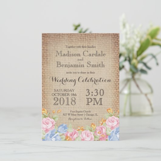  bloemen Rustic Burlap Wedding Invitations Kaart (Staand voorkant)