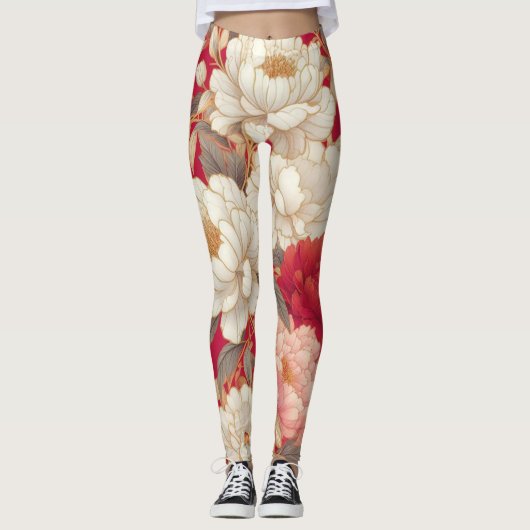 Bloemen rustiek  elegant rood leggings (Voorkant)
