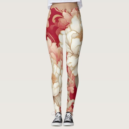 Bloemen rustiek elegant rood leggings (Voorkant)