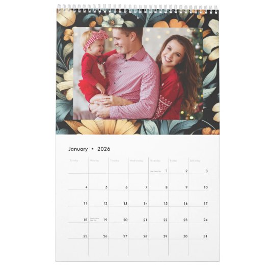 Bloemen rustiek elegant zwart kalender (Jan 2026)