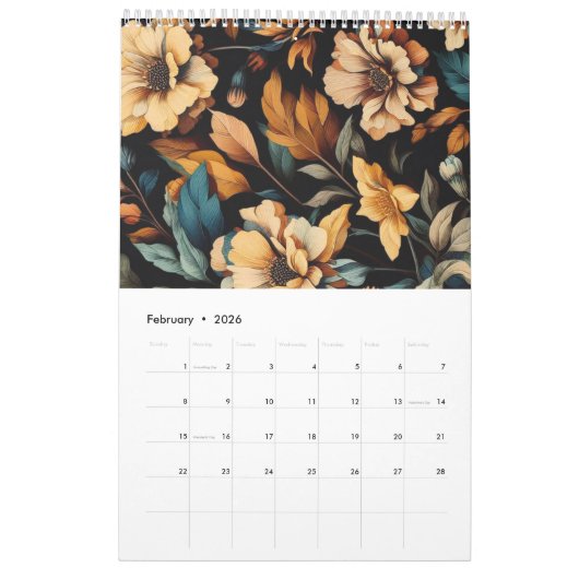Bloemen rustiek  elegant zwart kalender (Feb 2026)