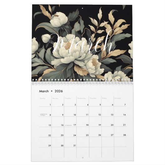 Bloemen rustiek  elegant zwart kalender (Mar 2026)