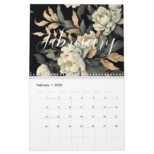 Bloemen rustiek  elegant zwart kalender (Feb 2026)
