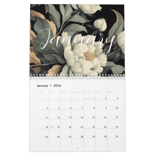 Bloemen rustiek elegant zwart kalender (Jan 2026)