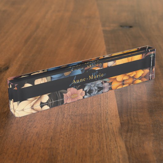 Bloemen rustiek  elegant zwart naambordje (Zijkant)