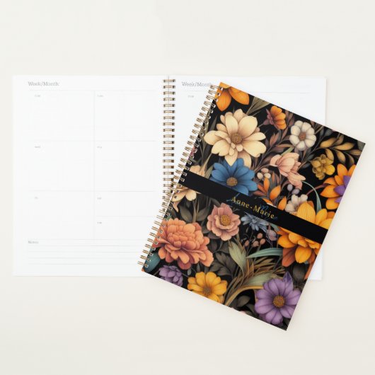 Bloemen rustiek elegant zwart planner (Display)