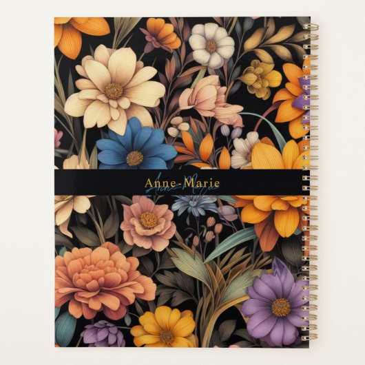 Bloemen rustiek elegant zwart planner (Achterkant)