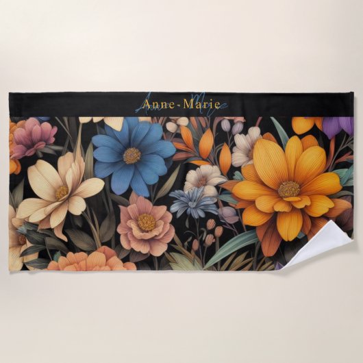 Bloemen rustiek  elegant zwart strandlaken (Voorkant)