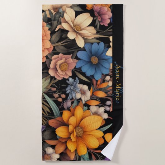 Bloemen rustiek  elegant zwart strandlaken (Voorkant)