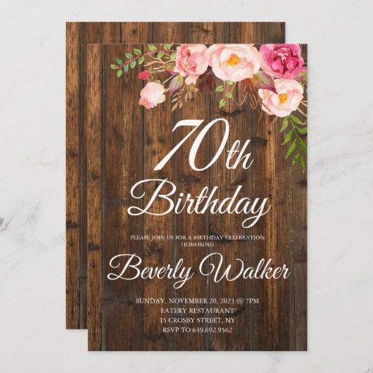 Bloemen rustiek hout 70e verjaardag kaart (Voorkant / Achterkant)