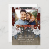 Bloemen Rustiek Hout en Lichten Foto Save the Date Aankondigingskaart (Voorkant / Achterkant)