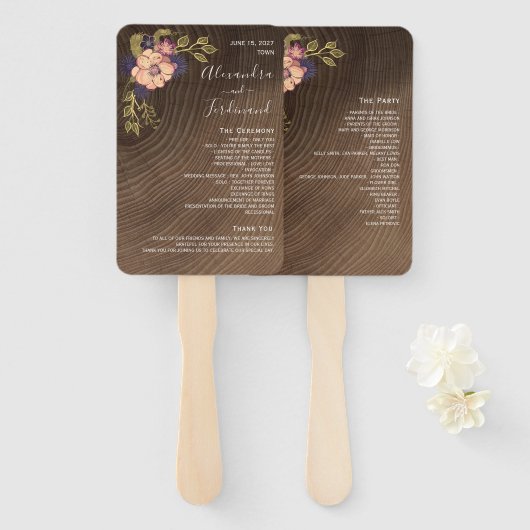 Bloemen Rustiek Hout Trouwprogramma Hand Fan Handwaaier (Voorkant en achterkant)