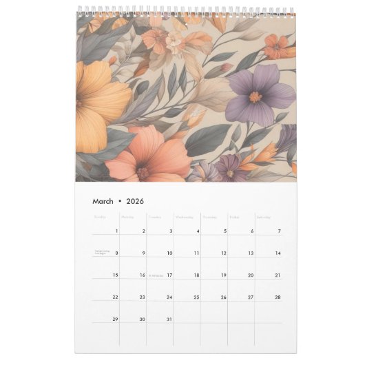 Bloemen rustiek  stijlvol kalender (Mar 2026)